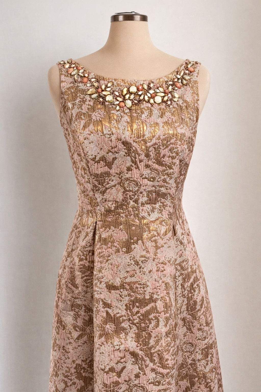 Vintage Pink & Gold Brocade Jeweled Cocktail Dress