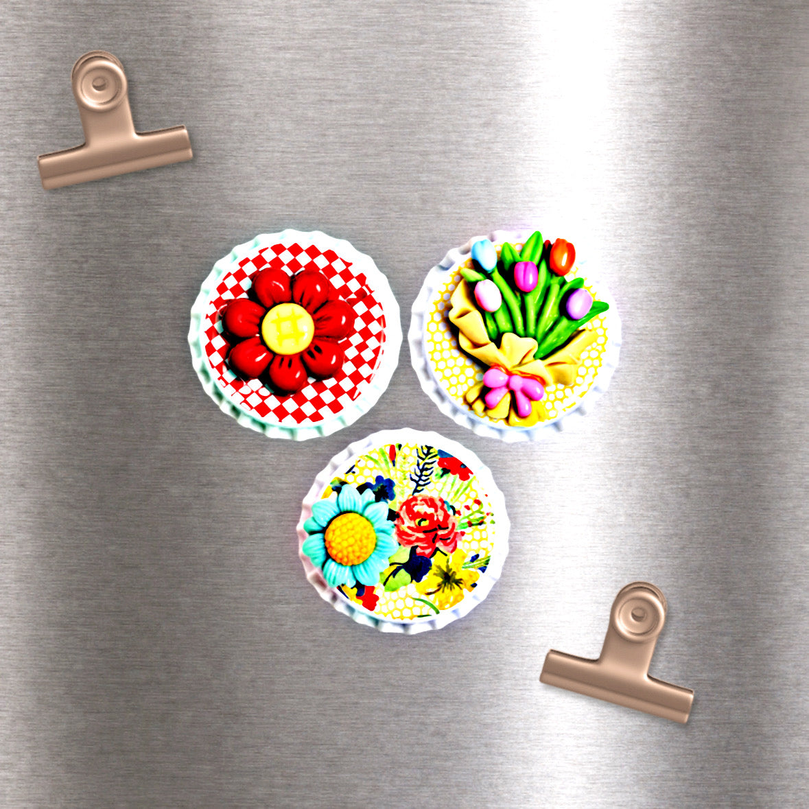 Spring Bouquet Bottlecap Upcycled Magnet Set